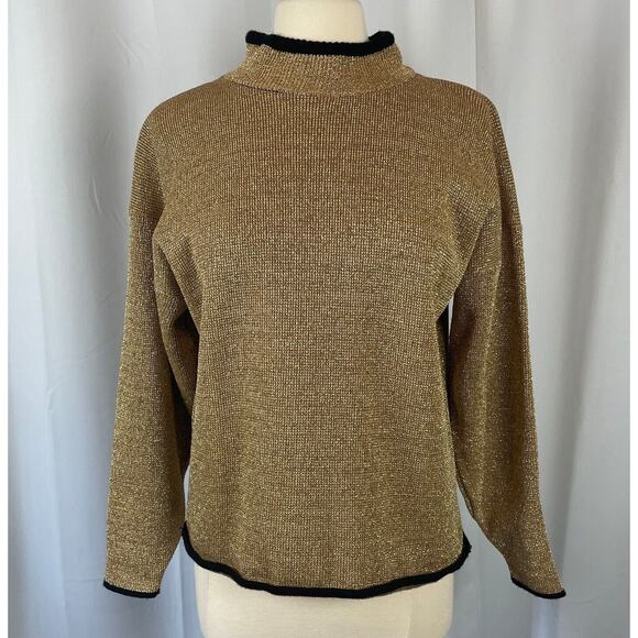Vintage Sweater Womens Size Medium M Gold Metallic Knit Party Cocktail Mock Neck - Picture 1 of 12